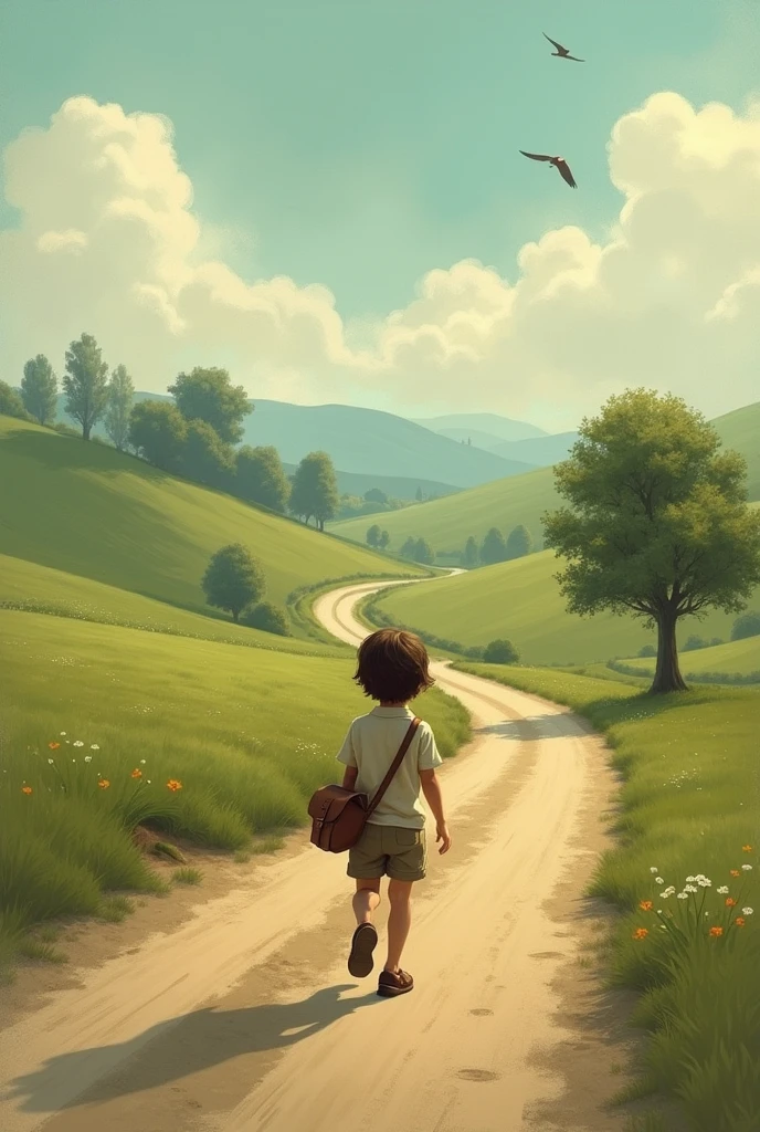 Generates an image of a walking down the road that symbolizes nostalgia