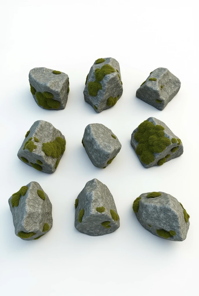 ON A WHITE BACKGROUND Create 3D reference props of various rock formations, with moss, without any moss, rough. Rendering for presetantion 3D reference, ONE NVIDIA RTX render, Ultra-detail, uhd