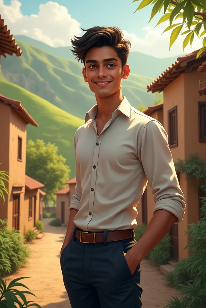 18 year old Indian boy handsome wearing formals posing for Nadeem beautiful village in background