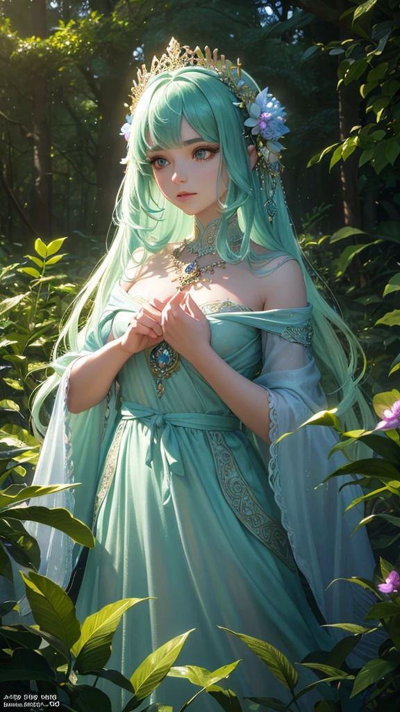 a beautiful girl in a mystical forest, ethereal cat, vibrant glowing flowers, lush greenery, magical atmosphere, (best quality,4k,8k,highres,masterpiece:1.2),ultra-detailed,(realistic,photorealistic,photo-realistic:1.37),intricate details,cinematic lighting,fantasy,digital painting,dramatic lighting,highly detailed face,big beautiful eyes,long eyelashes,delicate facial features,ornate headdress,ethereal glow,glowing flora,vibrant colors,deep shadows,dramatic contrast