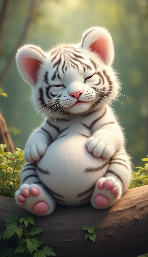 A cute white tiger cub,Real animals， With eyes closed, Cute and cuddly，Fluffy, Delicate and exquisite, Real little tiger，Lie on the trunk，Furry and cute big belly，The pattern on the belly is the same as the body，My belly is very big.，The pattern on the belly is the same as the body，Strike a sexy pose,