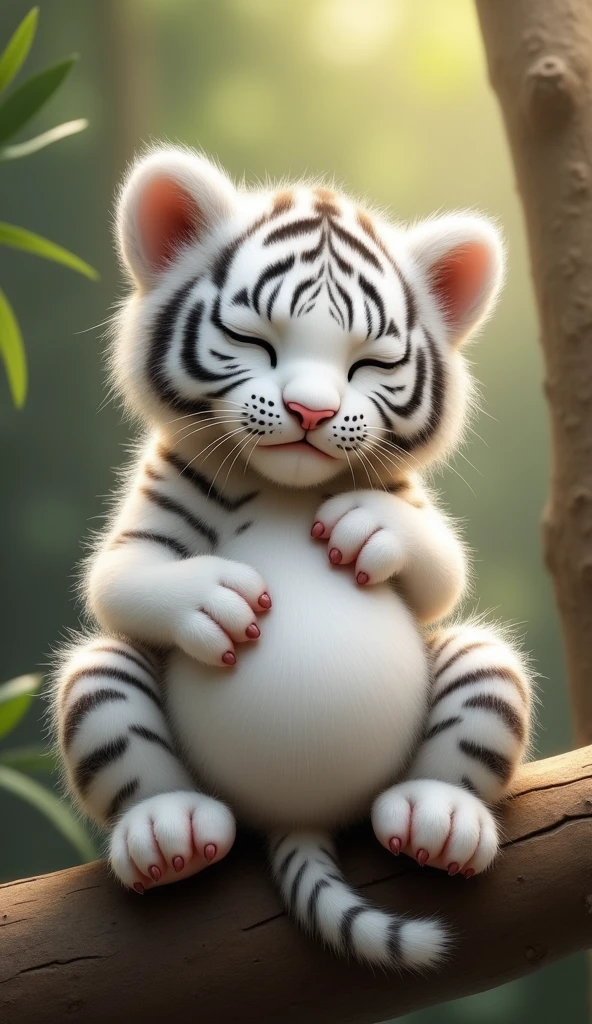 A cute white tiger cub,Real animals, With eyes closed, Cute and cuddly,Fluffy, Delicate and exquisite, Real little tiger,Lie on the trunk,Furry and cute big belly,The pattern on the belly is the same as the body,My belly is very big.,The pattern on the belly is the same as the body,Strike a sexy pose,