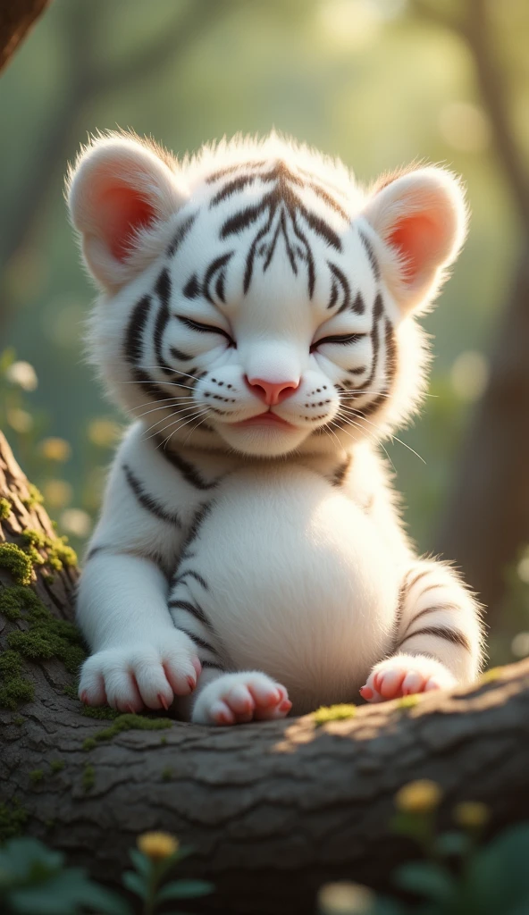A cute white tiger cub,Real animals, With eyes closed, Cute and cuddly,Fluffy, Delicate and exquisite, Real little tiger,Lie on the trunk,Furry and cute big belly,The pattern on the belly is the same as the body,My belly is very big.,The pattern on the belly is the same as the body,Strike a sexy pose,
