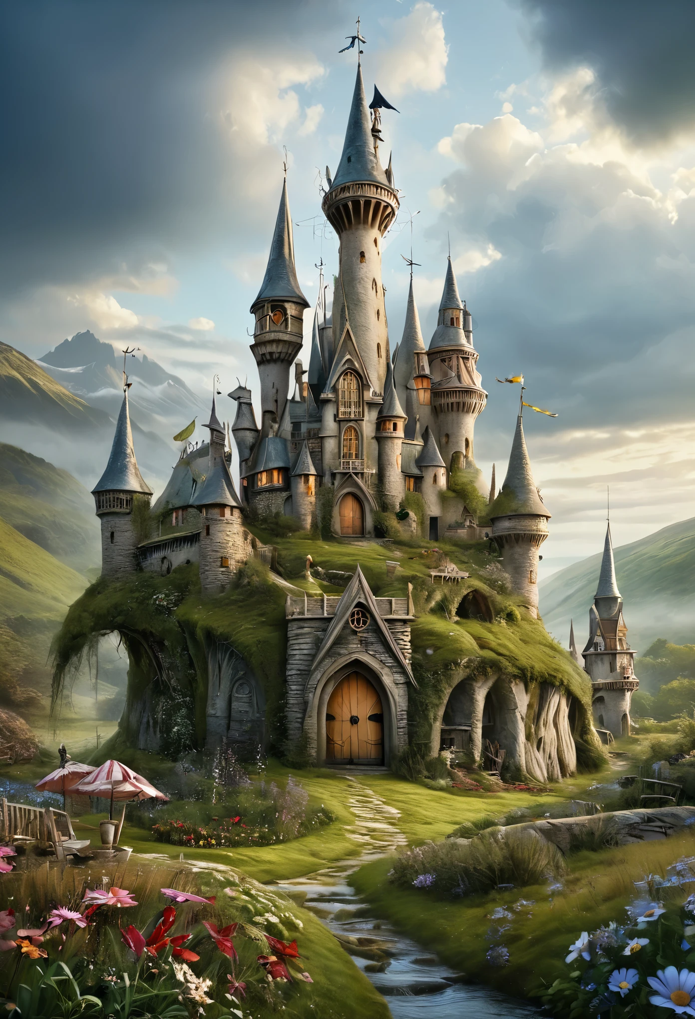 (Realistic:1.2), (whimsical:1.2), (((extremely detailed))), ((no close-up)), ((masterpiece)), (((middle shot, center, colorfull))), a Pixie, mythological, looks epic, fairytale atmosphere, intricate and detailed unreal fairy village on background, in motion, dynamic composition, depth of field, analog photo style, kodak porta 400