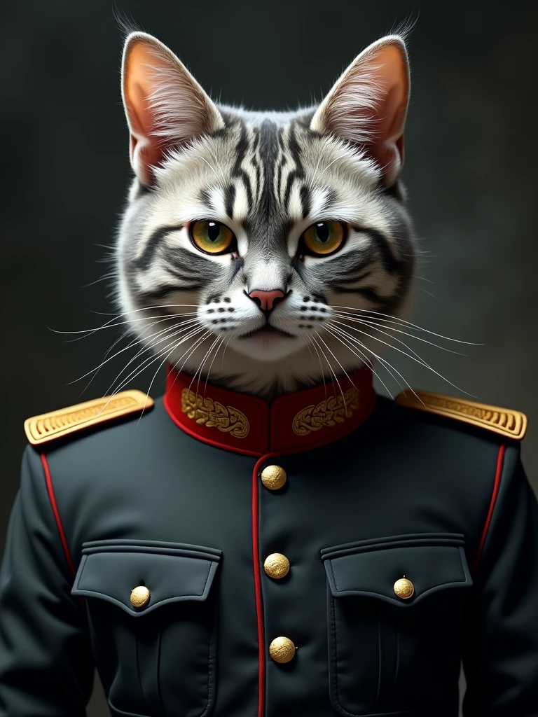 portrait of stoic looking miniature British Shorthair, military uniform, gray hair, white eyebrows, fantasy, intricate, elegant, highly detailed, centered, dark, smokey, digital painting, artstation, concept art, smooth, sharp focus, illustration, art by artgerm and greg rutkowski and alphonse mucha --ar 3:4 --style raw --personalize 8c4ii1a --stylize 1000 --v 6.1