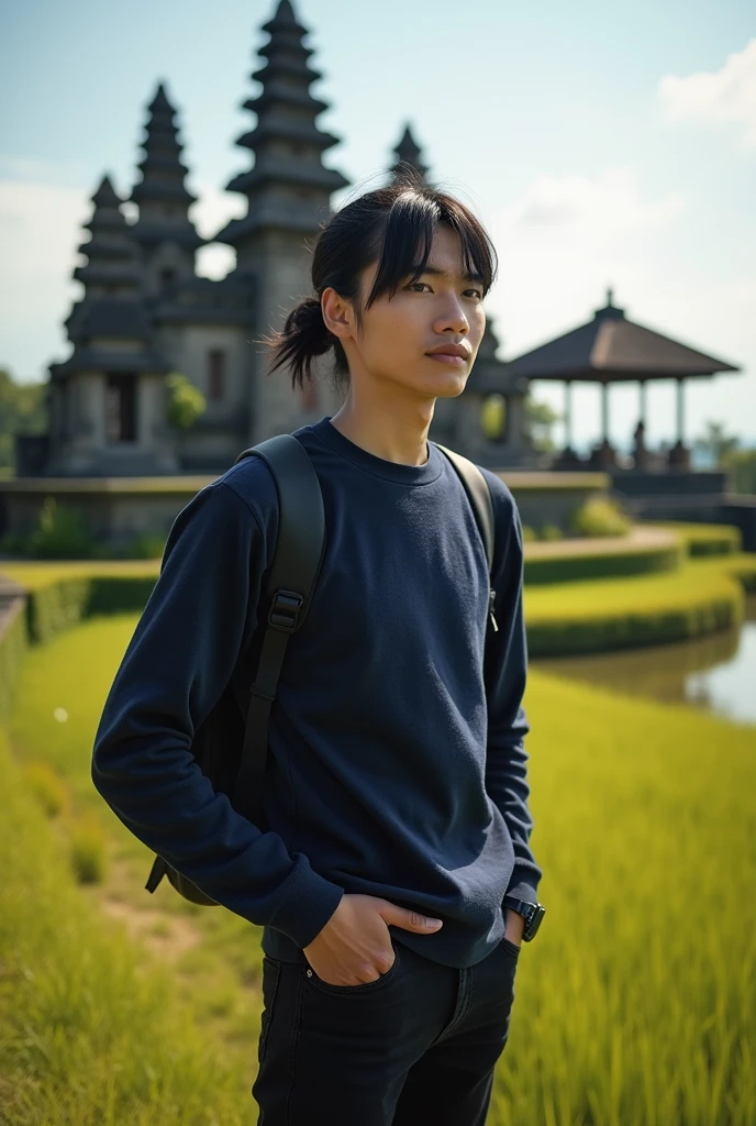 full body shoot, traveling photo, Young man, black hair with a ponytail and bang, wears a navy Pullover and black jeans. traveling in bali whit his girlfriend. with a view of a typical Balinese building with an ancient Hindu temple design. Luxury POV. Natural lighting, (direct light:0.4), 8mm film grain, photographed on a Sony a9 II, 24mm lens, f/2.8 aperture, Deep focus,