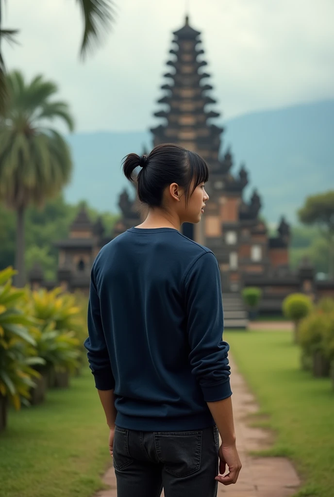 full body shoot, traveling photo, Young man, black hair with a ponytail and bang, wears a navy Pullover and black jeans. traveling in bali whit his girlfriend. with a view of a typical Balinese building with an ancient Hindu temple design. Luxury POV. Natural lighting, (direct light:0.4), 8mm film grain, photographed on a Sony a9 II, 24mm lens, f/2.8 aperture, Deep focus,