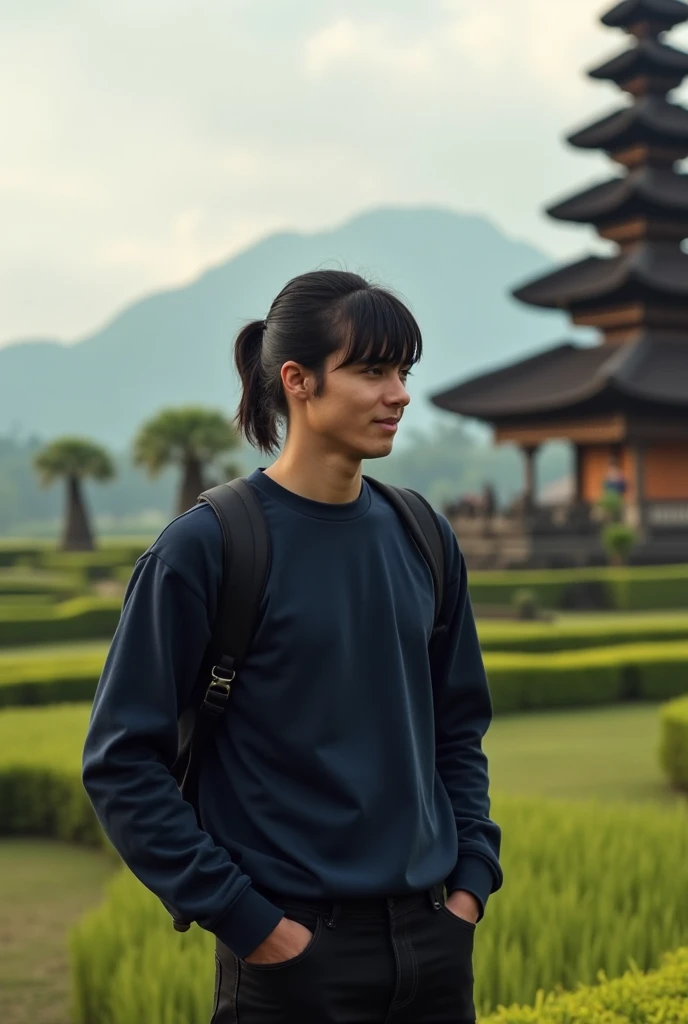 full body shoot, traveling photo, Young man, black hair with a ponytail and bang, wears a navy Pullover and black jeans. traveling in bali whit his girlfriend. with a view of a typical Balinese building with an ancient Hindu temple design. Luxury POV. Natural lighting, (direct light:0.4), 8mm film grain, photographed on a Sony a9 II, 24mm lens, f/2.8 aperture, Deep focus,