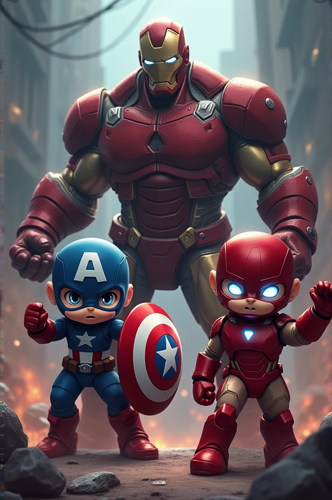 The Avengers and Doraemon team fighting against Doom in 2D
