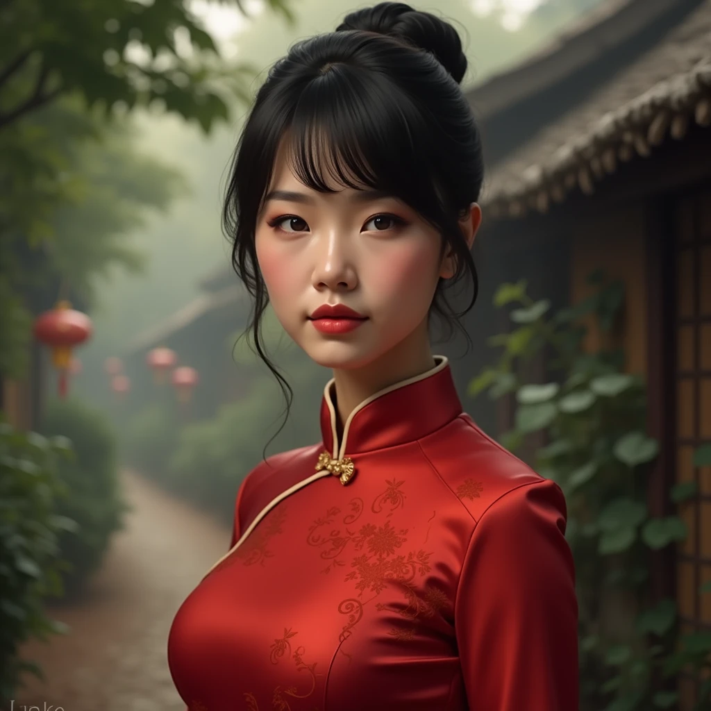 Asia girl with smooth skin,Bangs,black hair,hair bun,(beautiful bra, C shape), wearing a chinese Cheongsamred uniform, a tight fit, The background is a Lost in the village,The most realistic picture.