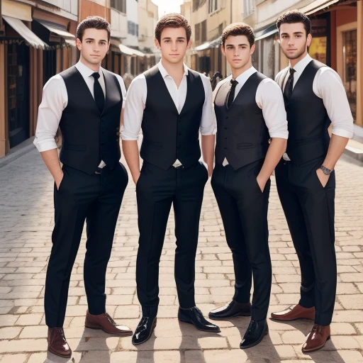 Group of young Jewish men with light brown hair, in a shopping village, wearing black pants, a white dress shirt, with a closed vest, Focus on the character and the setting.