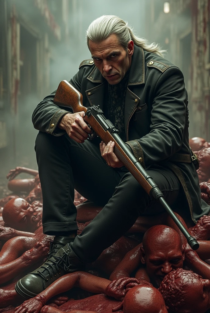 draws a white 2 man with a tone of white hair combed back subtly, sitting on a pile of bleeding corpses holding a rifle, steampunk style, the boy has a scar on the right side of his face, a tiger's claw (make it noticeable the scar on the face)