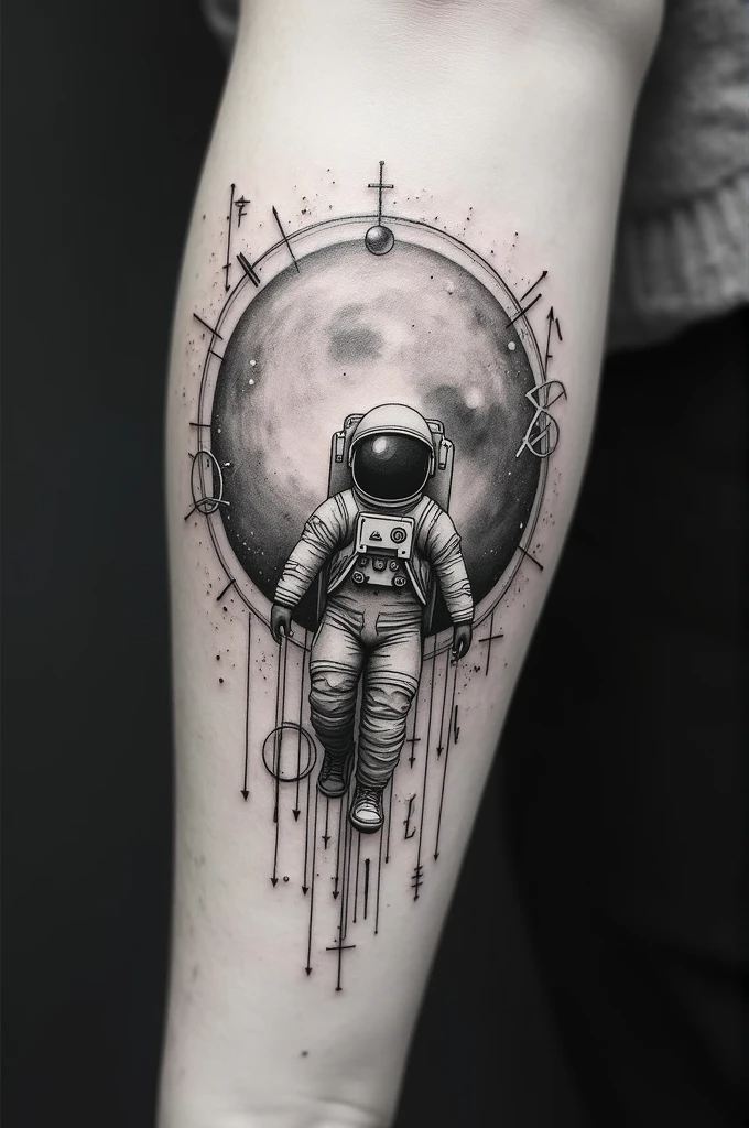 Black and white tattoo of the universe and mathematics with fine lines. Add a little astronaut