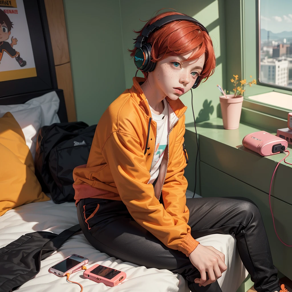 Young boy, short red hair, pastel green eyes, light skin, small pink freckles on his face, orange headphones, orange jacket, black shirt with colorful details, black pants, black sneakers, sitting on the bed in his room looking up while listen to music, sunset