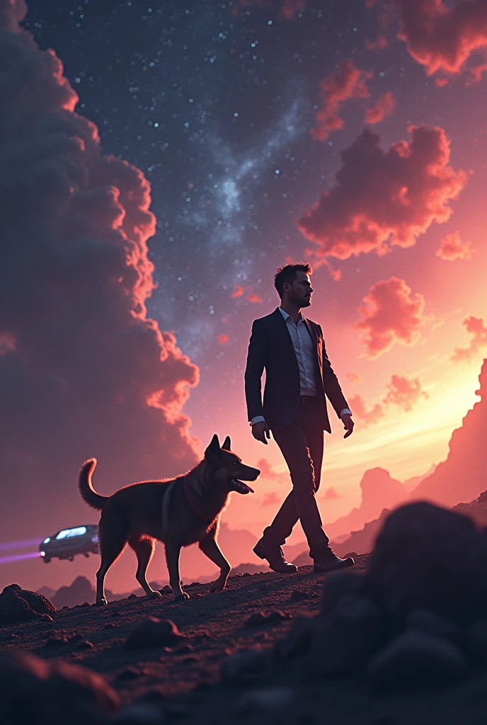 A man walking his dog in space with his car in the back make it more wallpaper ish and attractive