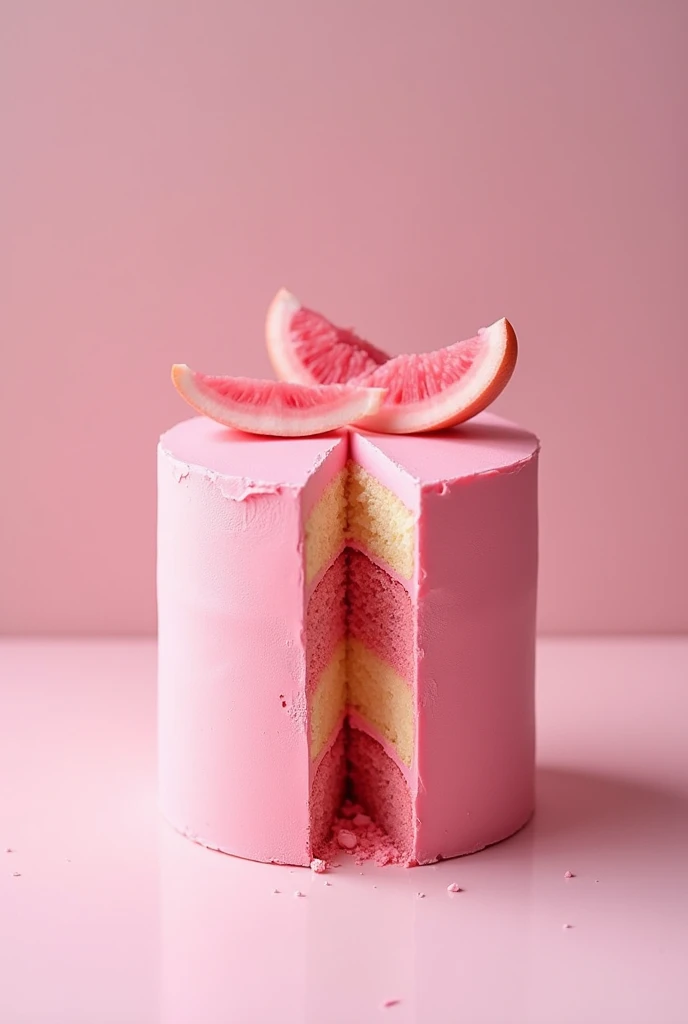 Pink mousse cake, hình trụ, bên trong có lớp sponge, lớp ổi hồng