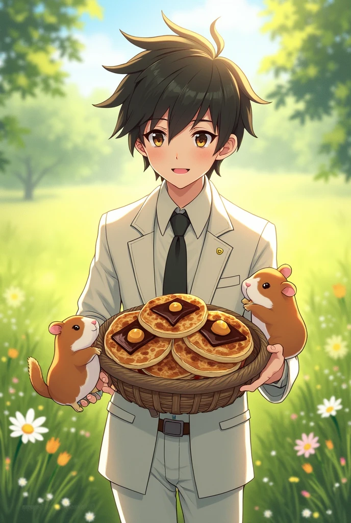 Aki Hayakawa, character from Chainsaw Man, with a basket full of pancakes with dulce de leche and chocolate holding hands with a guinea pig.