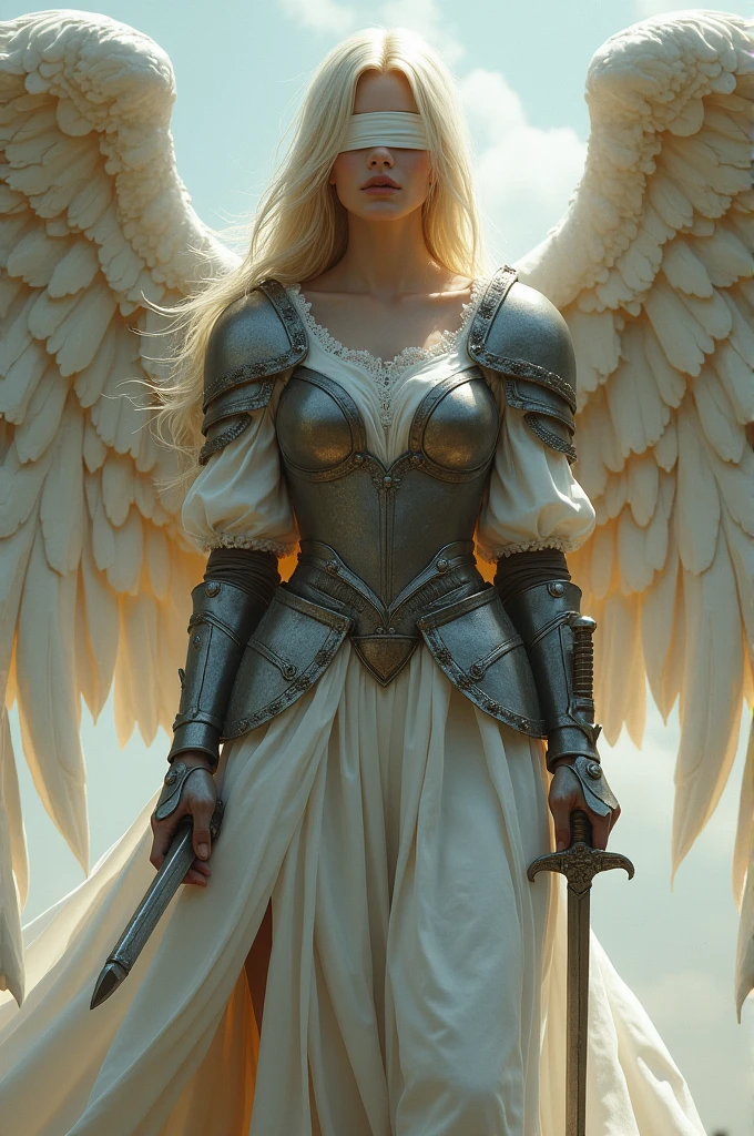 female angel, dress with white ribbons and iron breastplate, long blonde hair and blindfolded eyes and daggers