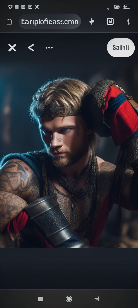 A blonde Viking warrior with a beard, shaved hair on the sides, tribal tattoos, a tribal necklace, blue eyes, a muscular young man, bonitas, heroic, Realistic, Charismatic, lot of details, Fantasy Medieval Realism Theme, Cinematic lighting, super detaill