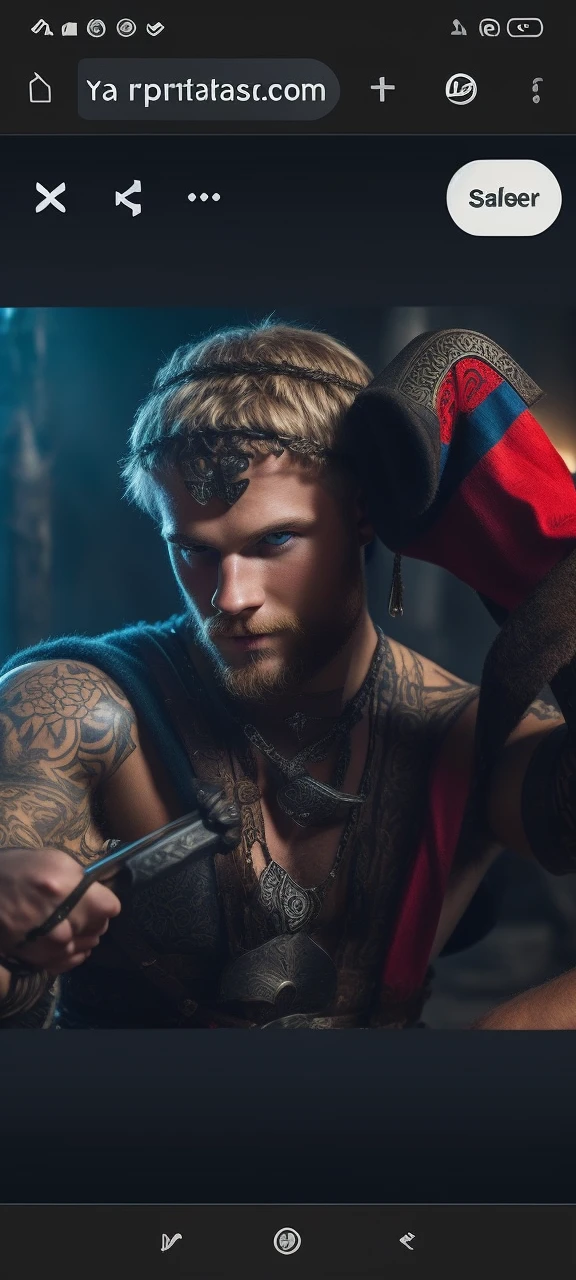 A blonde Viking warrior with a beard, shaved hair on the sides, tribal tattoos, a tribal necklace, blue eyes, a muscular young man, bonitas, heroic, Realistic, Charismatic, lot of details, Fantasy Medieval Realism Theme, Cinematic lighting, super detaill