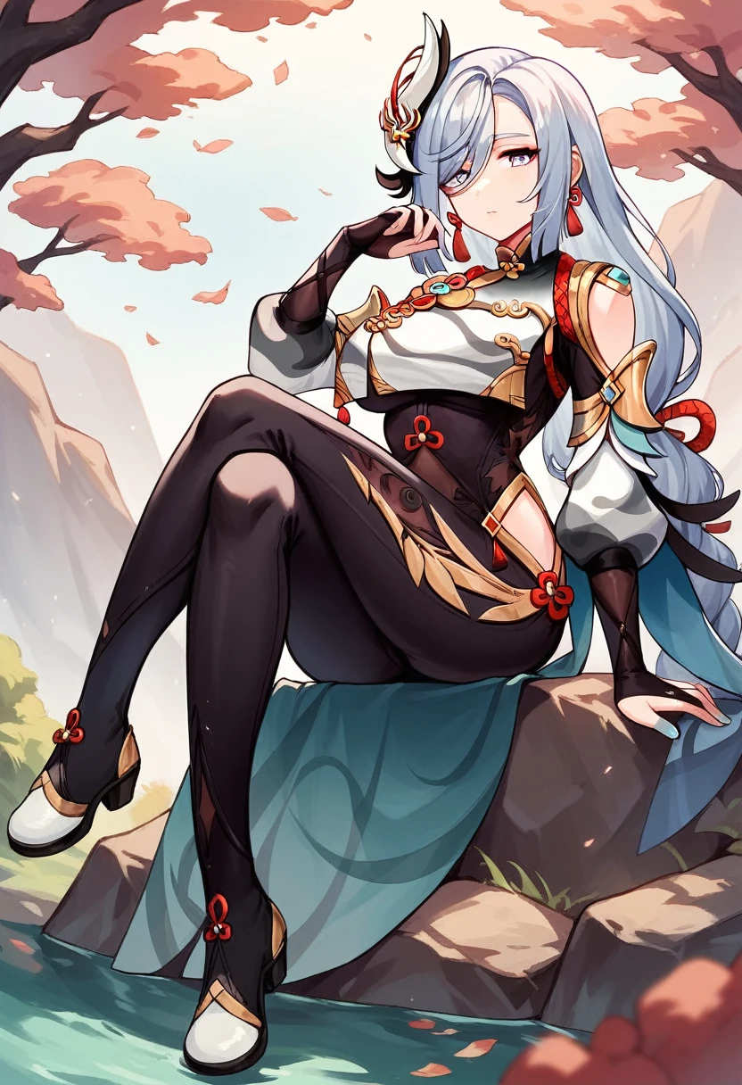 1 girl, Shenhe, Genshin Impact, large breasts, pants, shoes, sitting on a rock, legs crossed 