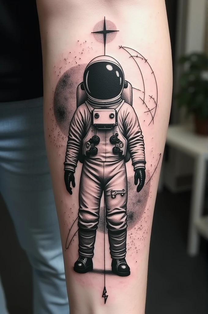 Black and white tattoo of the universe and mathematics with fine lines. Add a little astronaut