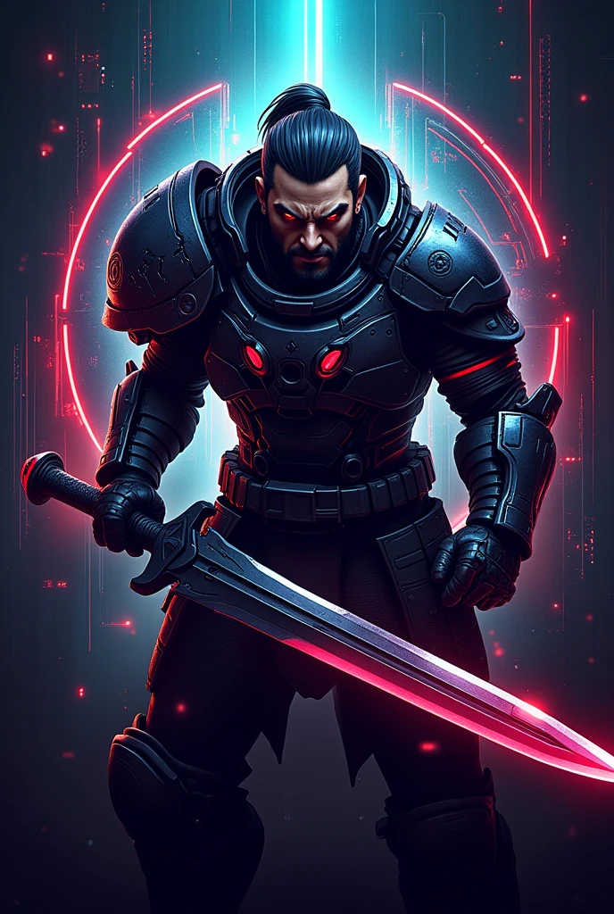 A gaming esport team logo team name Ragegod. A warrior in rage with sword in hand fully armored 3d and cyberpunk