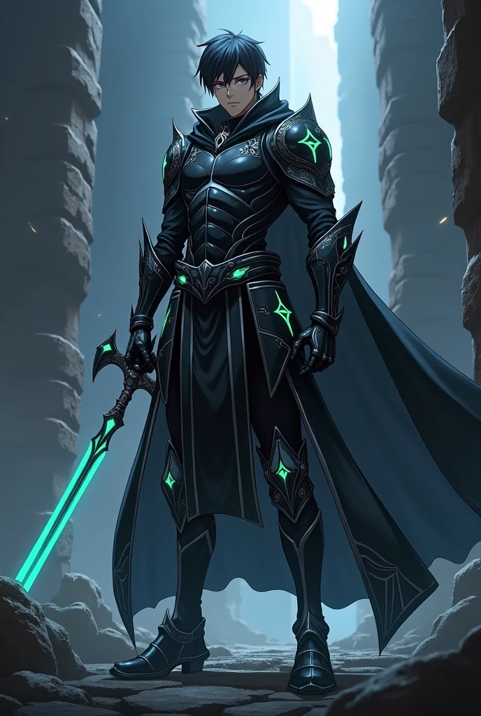 Anime-style dark hunter, tall and athletic build, short dark hair, black intricately designed armor with glowing symbols, wields a sword with a glowing blade, stern and determined expression, scar across face, dimly lit ancient battlefield background with shadows and faint beams of light.