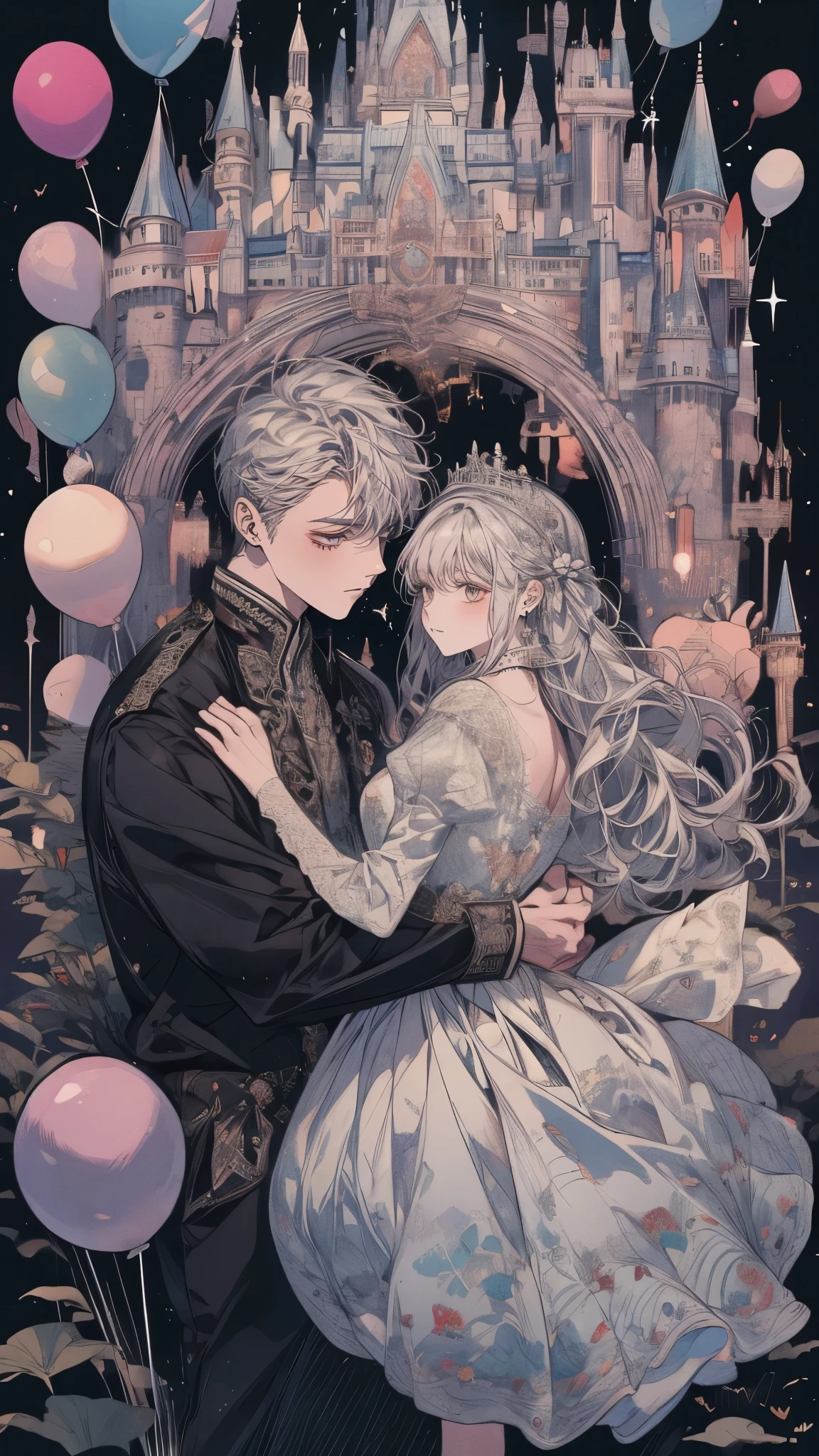 Princess、Prince、Silver long dress、Dance、Castle、firework、A lot of balloons、smile