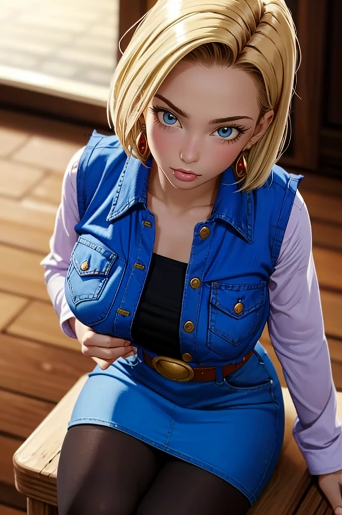 (ultra realistic,32k, masterpiece:1.2),(high detailed skin:1.1),( high quality:1.1),
android 18, 1girl, solo, (blue eyes:0.70), short hair, blonde hair, earrings,denim skirt, blue skirt, pencil skirt, black shirt, long sleeves, striped sleeves, brown belt, black pantyhose, denim vest, blue vest,,huge breast,large breast,,(looking at viewer, sitting, from above:1.1),, (dense light rays:1.1),   blank background, blurry background, paizuri, fellatio