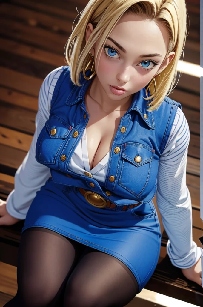 (ultra realistic,32k, masterpiece:1.2),(high detailed skin:1.1),( high quality:1.1),
android 18, 1girl, solo, (blue eyes:0.70), short hair, blonde hair, earrings,denim skirt, blue skirt, pencil skirt, black shirt, long sleeves, striped sleeves, brown belt, black pantyhose, denim vest, blue vest,,huge breast,large breast,,(looking at viewer, sitting, from above:1.1),, (dense light rays:1.1),   blank background, blurry background, paizuri, fellatio