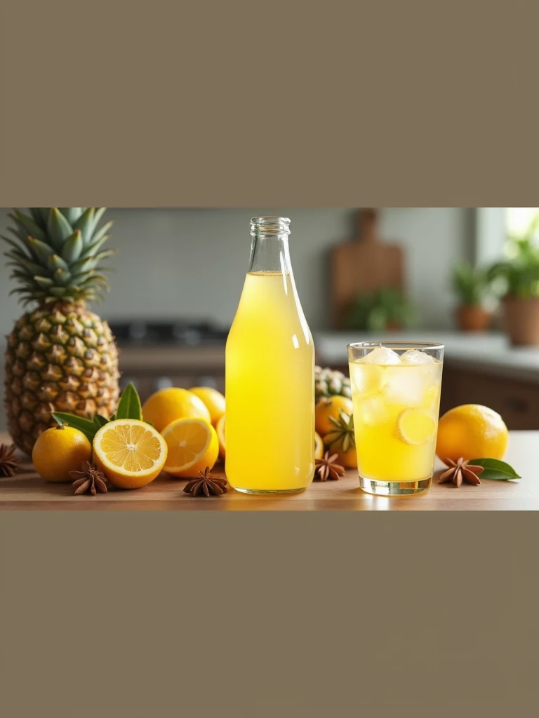 Create realistic a carbonated drink in a beautiful bottle without a label, the color of the drink is like pineapple, with a glass next to it with ice and lemon juice, it is on a kitchen counter, with some fruits and spices, photography, 8k -v