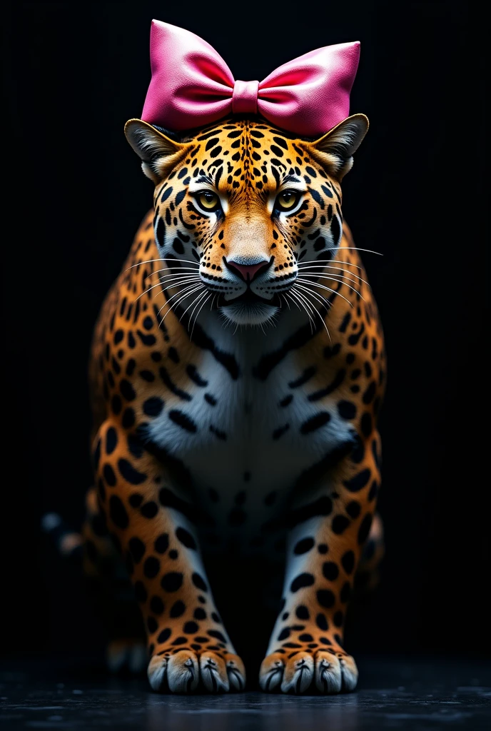 A jaguar with a bow on its head against a black background