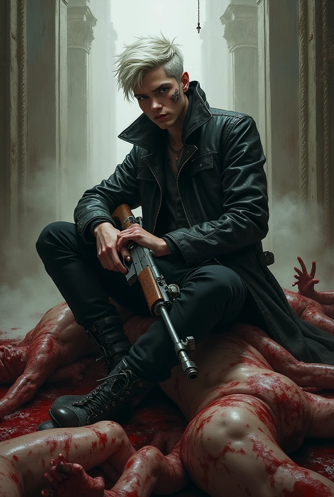 draws a white young man with a tone of white hair combed back subtly, sitting on a pile of bleeding corpses holding a rifle, steampunk style, the boy has a scar on the right side of his face, a tiger's claw (make it noticeable the scar on the face)