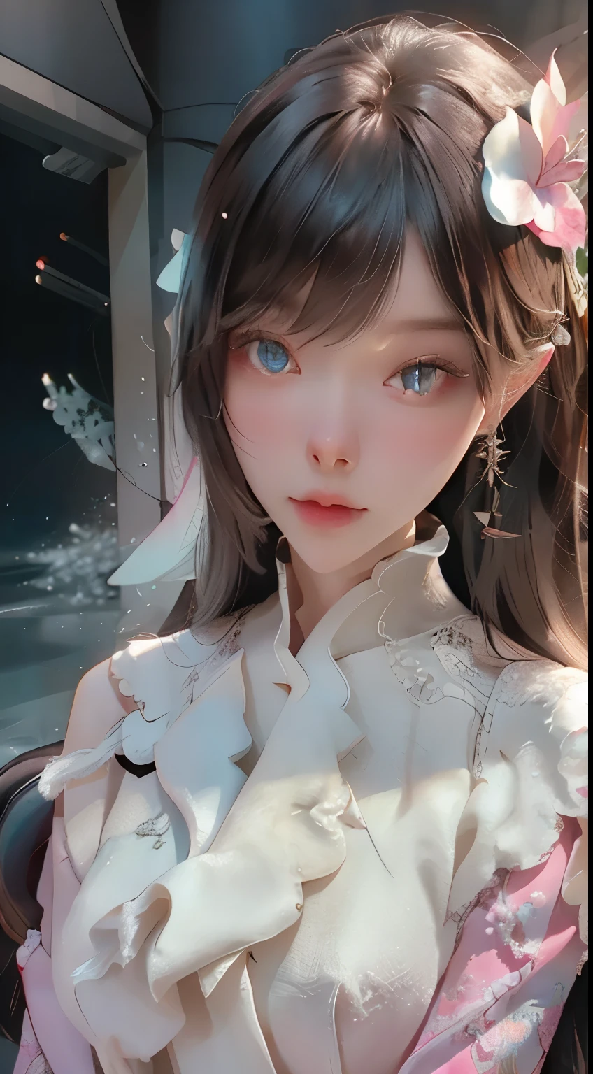 ((best qualtiy)), ((tmasterpiece)), (detail:1.4), Beautiful cyberpunk female images,hdr(HighDynamicRange),Ray traching,NVIDIA RTX,Hyper-Resolution,illusory 5,sub surface scattering,PBR textures,post-proces,Anisotropy Filtering,depth of fields,maximum definition and sharpness,Many-Layer Textures,Albedo e mapas Speculares,Surface coloring,Mitsu-Accurate simulation of material interactions,perfectly proportioned,rendering by octane,Two-colored light,largeaperture,Low ISO,White balance,Rule three points、8K raw data、Beautiful bright blue pupils,off-the-shoulder clothes,Fine pupils,Delicate face and eyes,long eyelasher,Blushlush,Delicate and fluffy hair,pink lip,Pure,Cute face,Sweet girl,Artistic sense,Casual wear,Advancedsense,butterflys,Cherry blossom petal,Beautiful hair accessories,Long hair and waist,Hair fluttering in the wind,Snow-white fox ears,curlies,Snow-white fluffy tail,Positive light,The light from the back window is backlighted