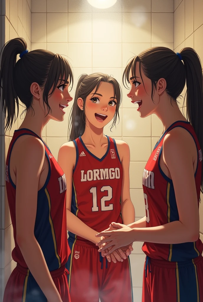 A group of three girls in basketball uniforms in the shower talking and laughing 