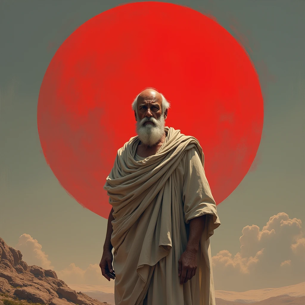 Socrates seeing death, while a large red circle rises behind him. realistic image