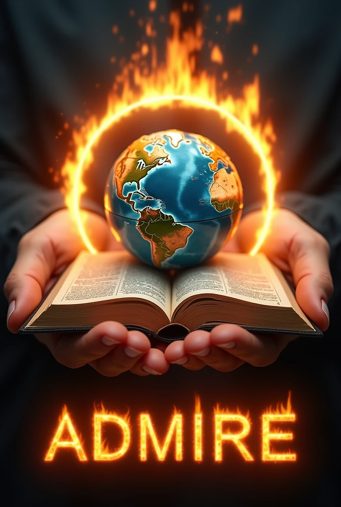 Two open hands with palms facing up, on top of the hands a large open bible and a globe on top of the bible. Rings of fire surrounding the globe, looking like fire is entering the globe. no back ground. Very realistic and magical With a caption with bright and fiery letters written: ADMIRE 