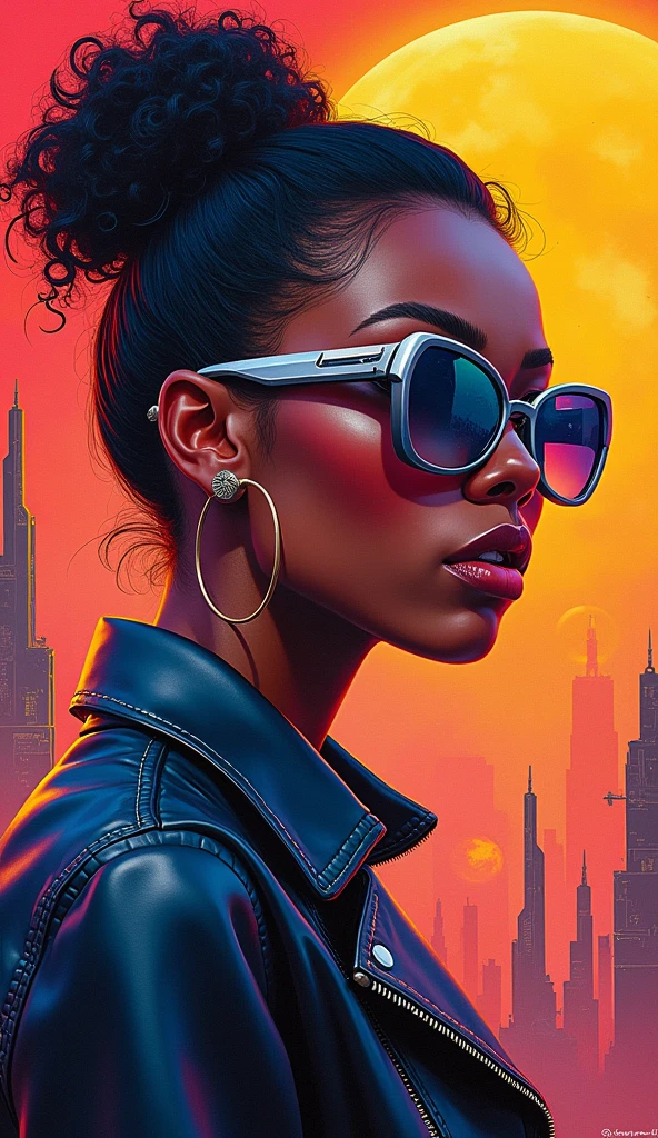 High-quality realistic acrylic art, vivid colors, painting of a woman with sunglasses and a leather jacket, lois van rossdraws, ross tran style, moebius + loish + wlop, rossdraws | afrofuturism, rossdraws 2. 0, by Ross Tran, in the style of ross tran, rossdraws 1. 0, rossdraws global illumination, style ivan talavera and artgerm