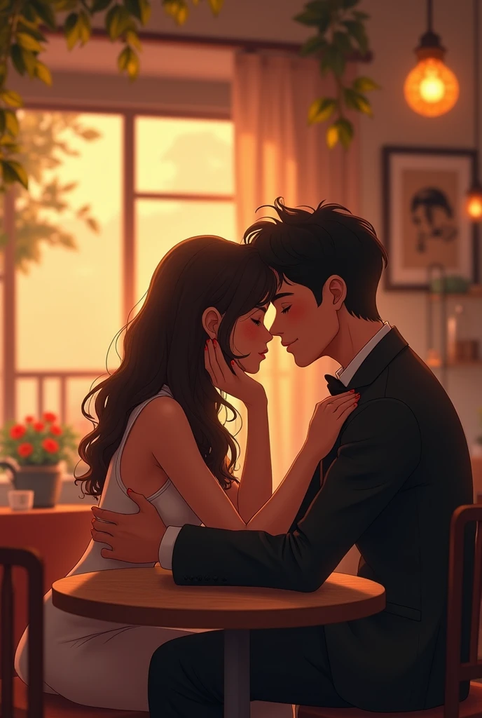 A gurl and boy were meeting in the cafe for the first time and the gurl hug him so tightly and they were wearing formal dress and she were talking about their future