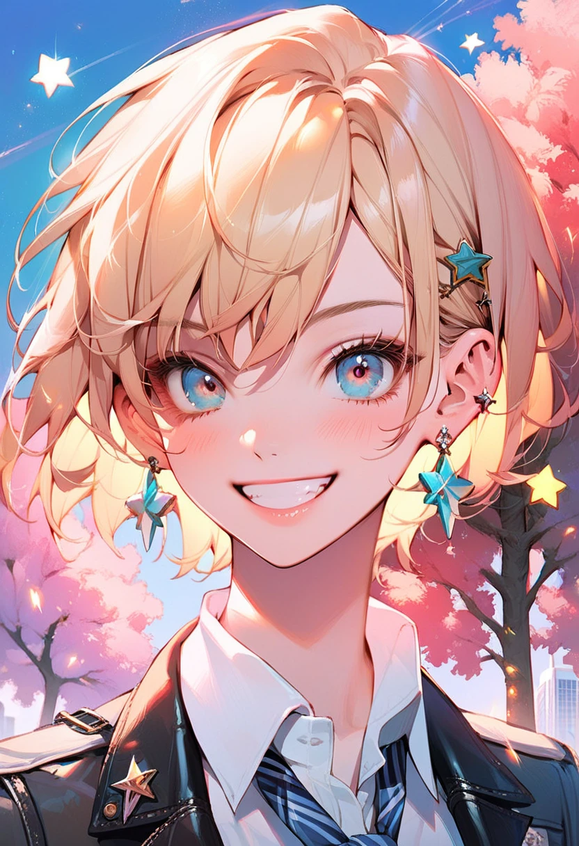 1girl, blonde_hair, jewelry, earrings, solo, blue_eyes, smile, looking_at_viewer, short_hair, jacket, outdoors, school_uniform, star_earrings, shirt, cross_earrings, collared_shirt, upper_body, tree, white_shirt, star_(symbol), bangs, building, grin, BREAK score_9, score_8_up, score_7_up, , source_cartoon, rating_explicit