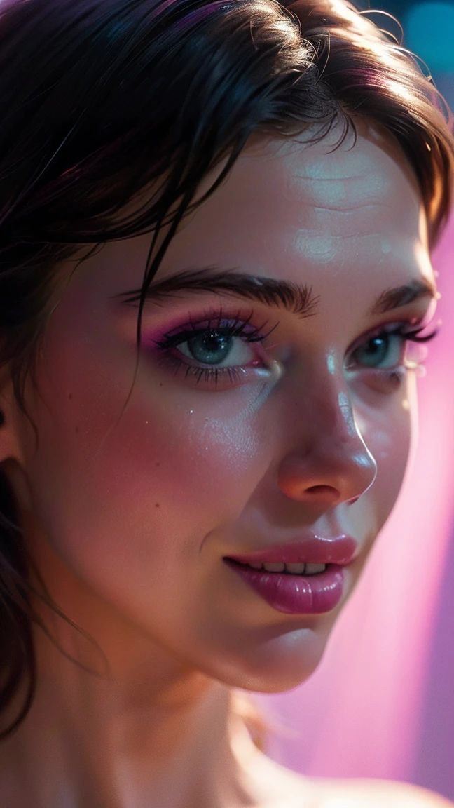 (((ultra realistic))) Photo, masterpiece, top quality, (pale skin), (Ultra detailed face and eyes:1.3), 1 girl, Adult, nuke, ((Eye makeup, pink mascara)), ((smile)), ((large detailed lips)), ((naked)), ((Chyolka)) , (Natural round breasts), Slim waist. ((Posing)), photoshoot, studio (soft lighting), (The play of light and shadows), depth of field, bokeh, (special attention to skin detail: 1.2), Detailed leather texture, skin pores. (Warm atmosphere of the frame. Color range - purple, Pink, blue tones), UDR, ((Film grain)), ((rays)), (Glare), ((waist up portrait)) , ultra detialed, 