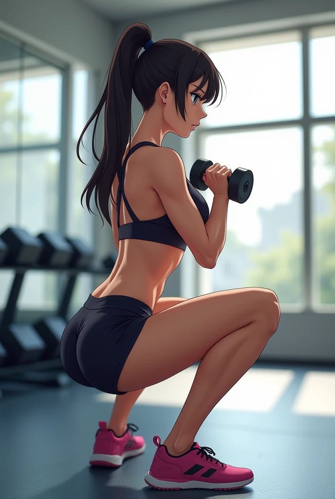 "Create an image of an anime girl with a toned physique performing a lateral squat in a gym, seen from the back. She is holding a dumbbell close to her chest, with her feet positioned wider than shoulder-width apart. She is squatting low, with her knees bent and aligned with her toes. Her back is straight, showing muscle definition, and she maintains a tight core. The gym should have a clean, modern design with equipment like dumbbells visible in the background. The lighting should be bright, highlighting her strong posture and focus during the exercise."