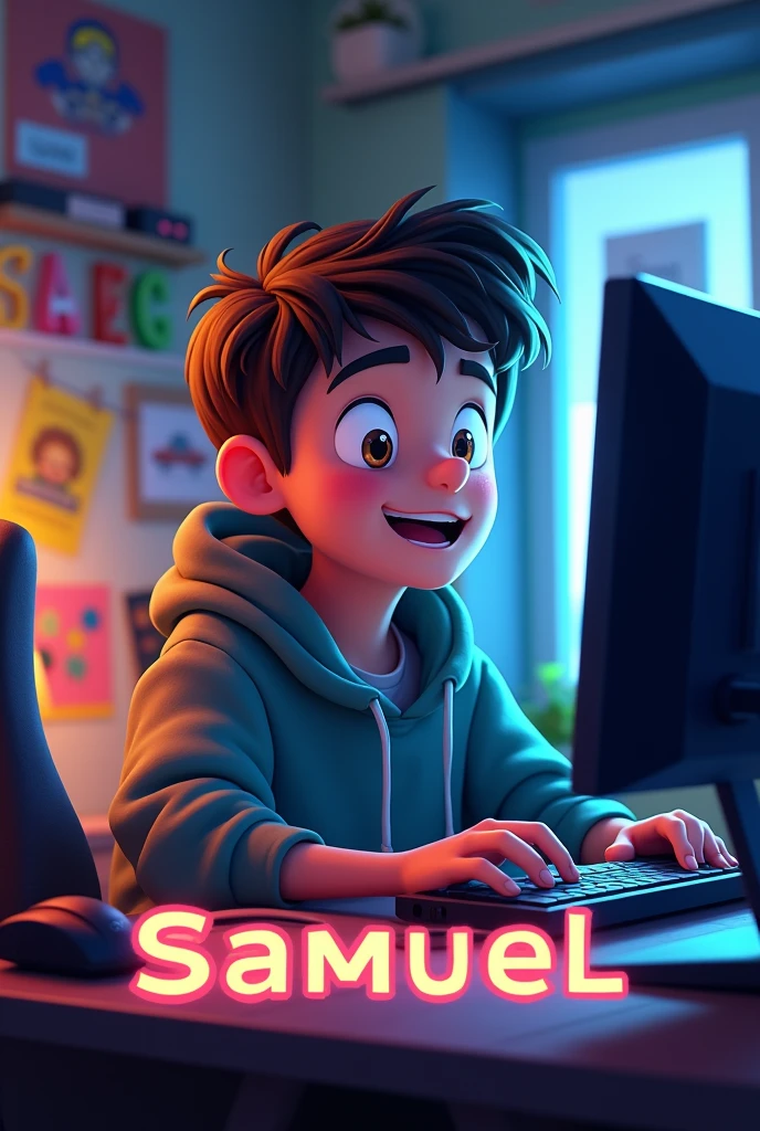 Crea un ragazzo che si diverte a giocare, gli piace il gaming lui e un vero gamer e si chiama Samuel gioca al computer e c'è una scritta Samuel sotto