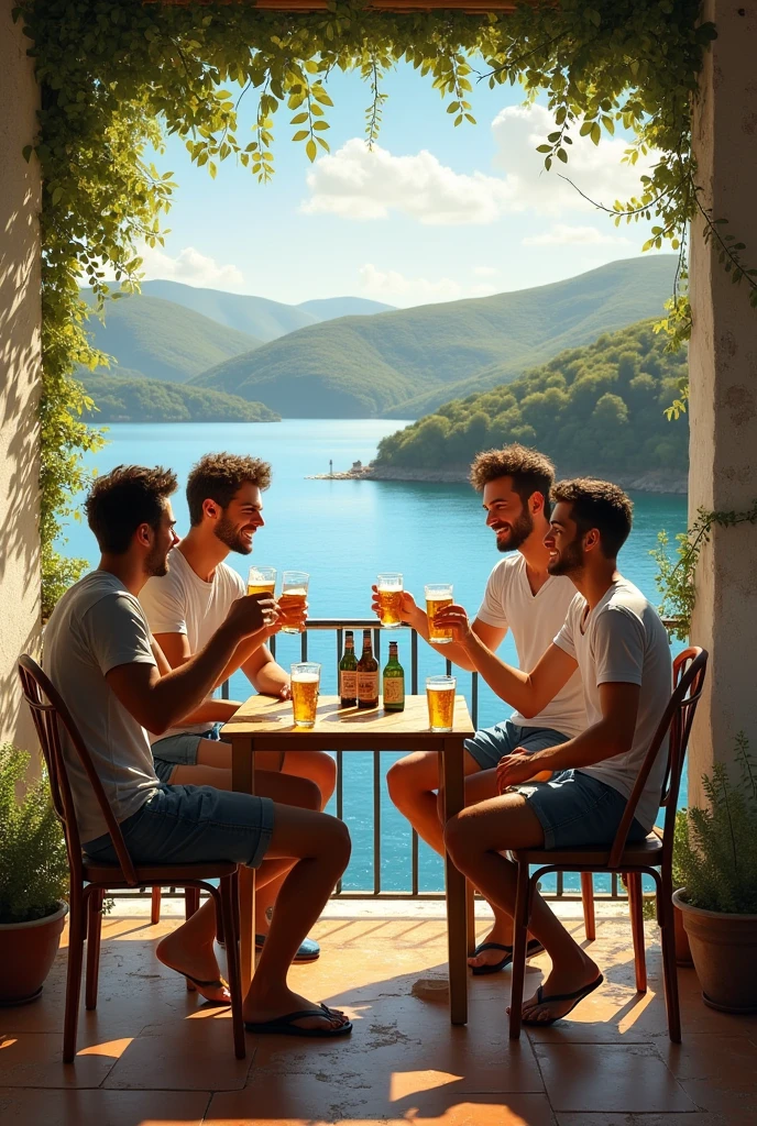 young men, drinking beer on a terrace by a lake in the Alentejo.