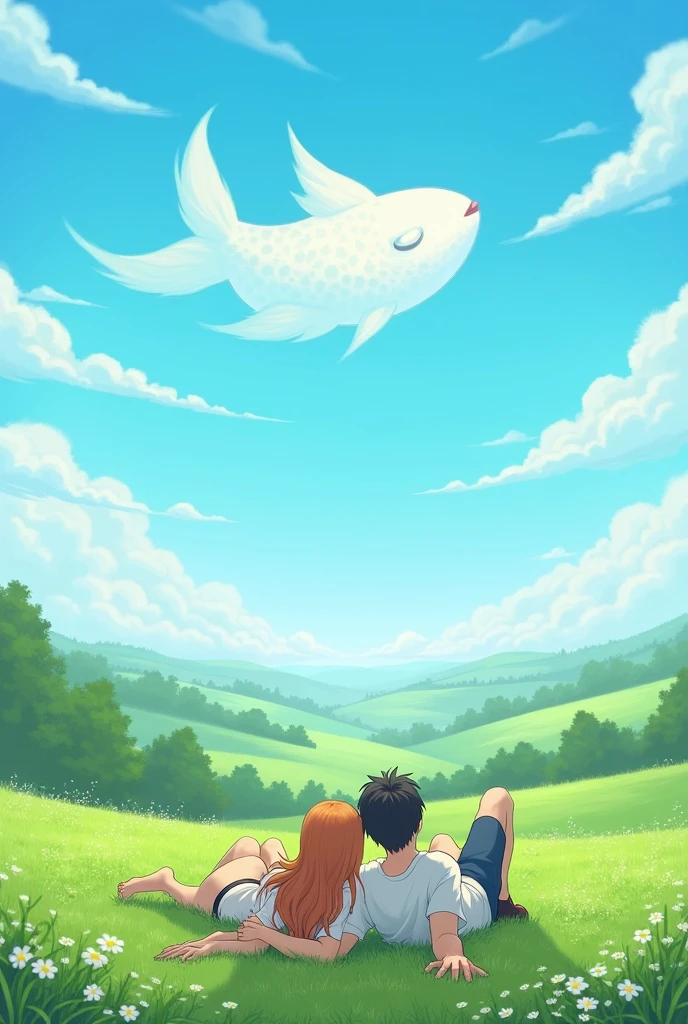 A couple lying in a meadow, holding hands, enjoying the clouds that form a fish pattern in the sky.