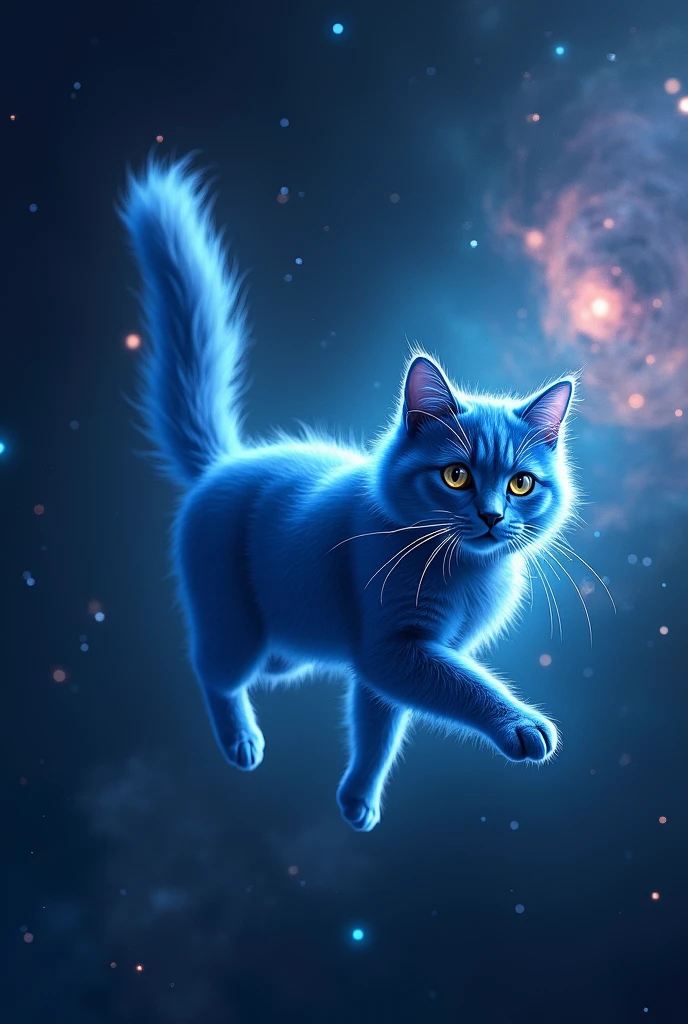 Blue cat flying in outer space