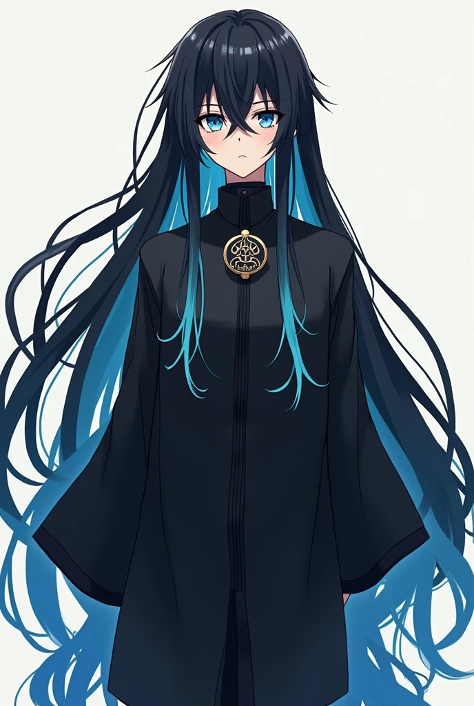 An anime boy with long black hair, cyan colored highlights on the ends of the hair, with bangs, wearing a loose black uniform with wide sleeves, and a decorative button on the garment, Written:"hashira", with dull blue eyes