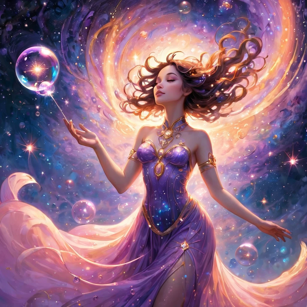 A radiant goddess floats in the center of a vast cosmic expanse, her gentle breath blowing through a delicate wand. As she exhales, countless bubbles emerge, each one expanding into a miniature universe filled with swirling galaxies and distant stars. The bubbles drift and dance around her, suspended in the infinite void, shimmering with cosmic light. Bathed in soft pink, orange, and purple hues, she emanates a serene energy—love and peace glowing from her being. Behind her, an infinity symbol sparkles with shooting stars, symbolizing the endless cycle of creation and discovery.
