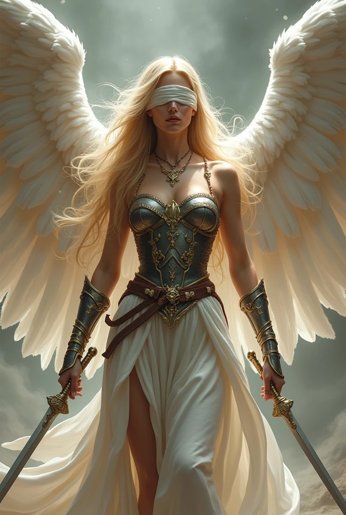 female angel, white ribbon skirt and iron breastplate, long blonde hair and blindfolded eyes and daggers
